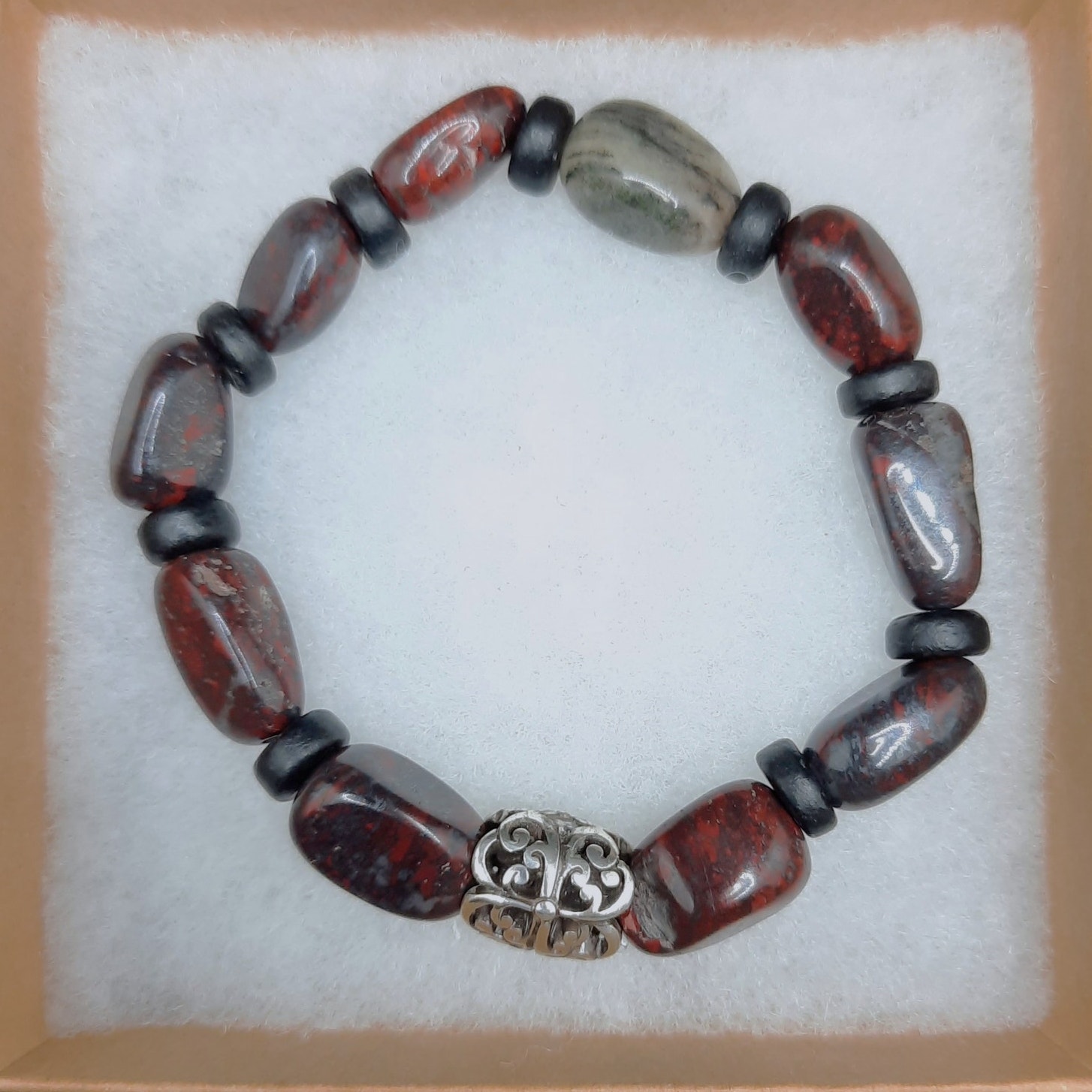 Brecciated Jasper Beaded Bracelet Artisan Made Red Gray Tumbled Gemstones Unisex 22$